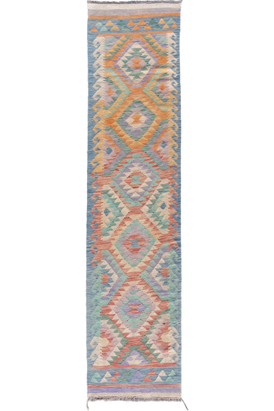 Afghan Kilim Zari Hand Knotted Hallway Runner Rug - 412x97cm