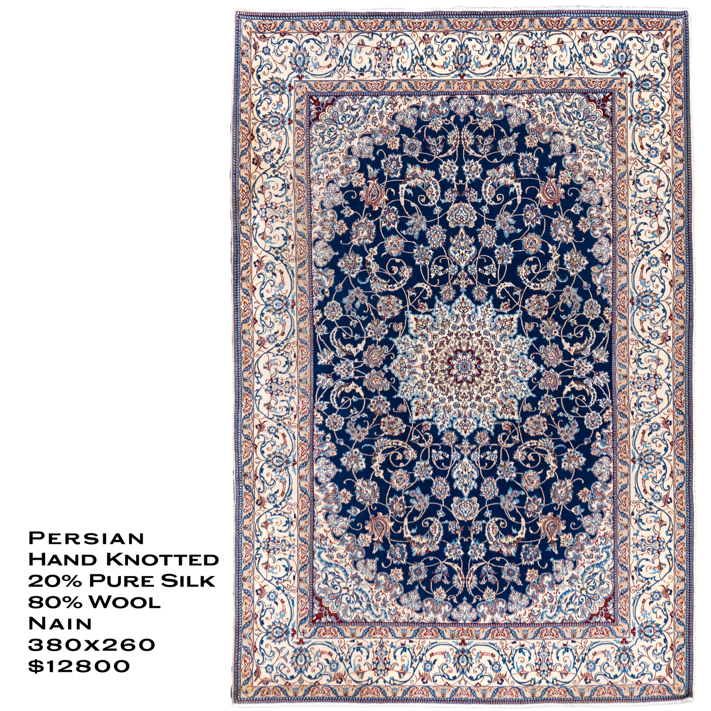 Nain Hand Knotted Wool & Silk Persian Rug | 380x260 cm