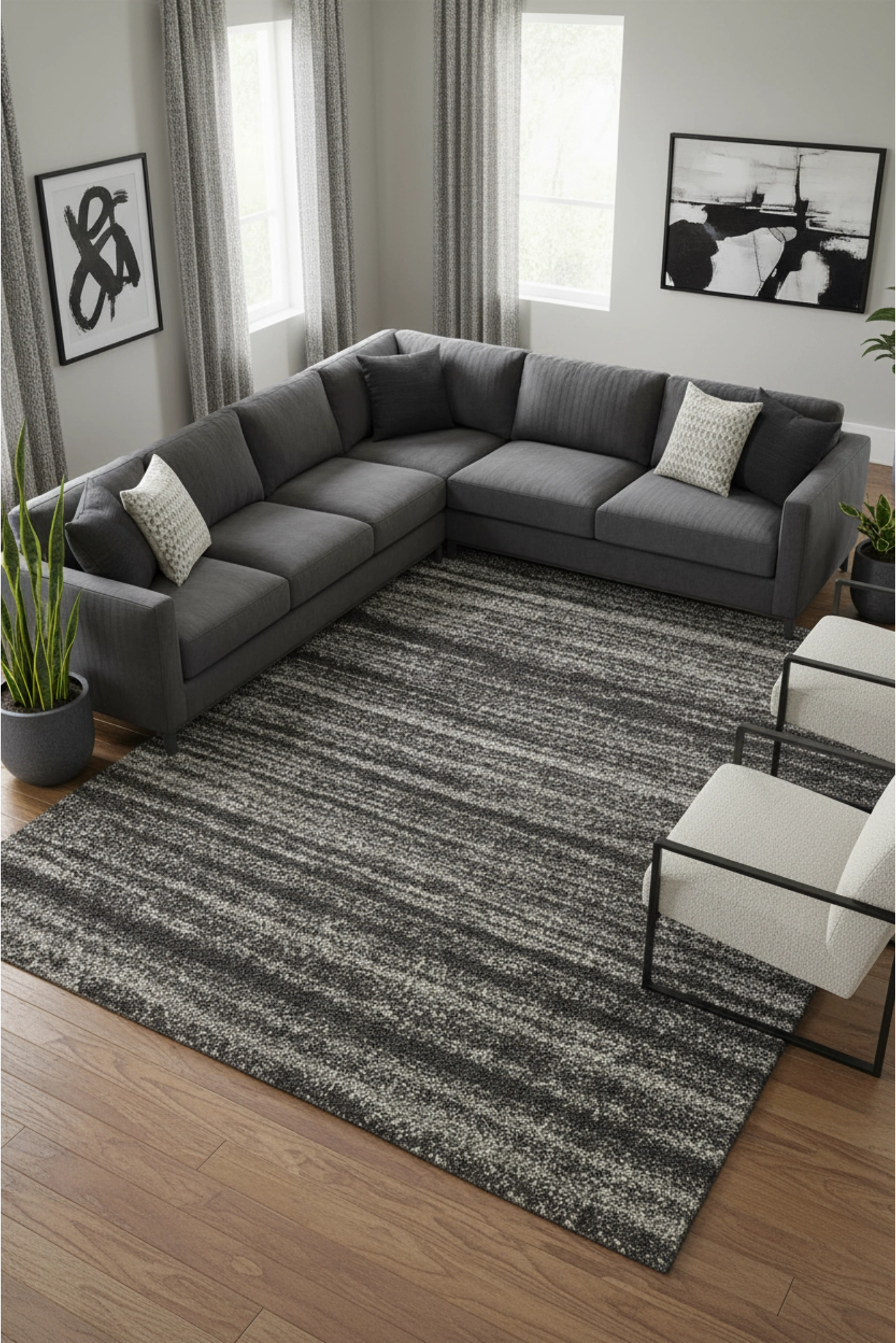 Coco Striped Shaggy Rug - 107 Charcoal