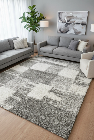 Coco Square Pattern Shaggy Rug - 107 Grey