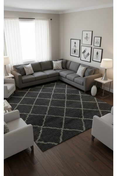 Coco Diamond Pattern Shaggy Rug - 104 Black