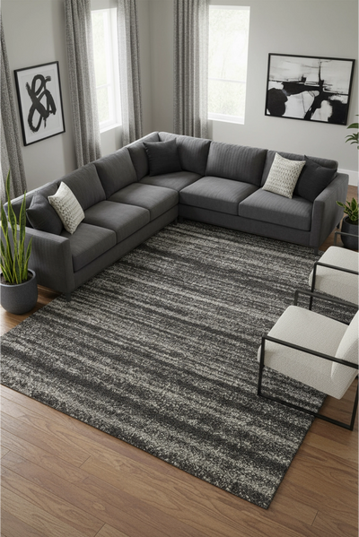 Coco Striped Shaggy Rug - 107 Charcoal