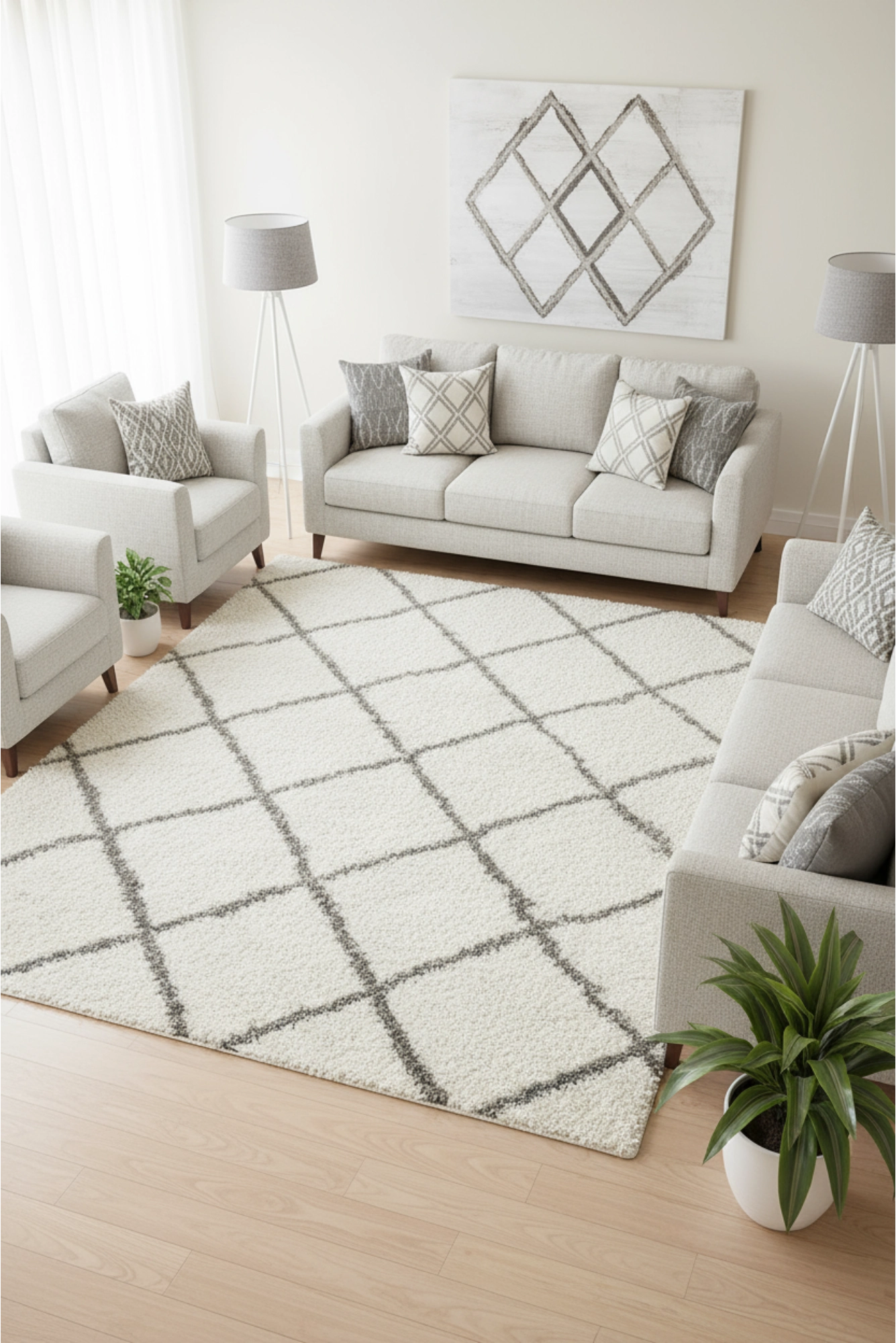 Coco Diamond Pattern Shaggy Rug - 105 White