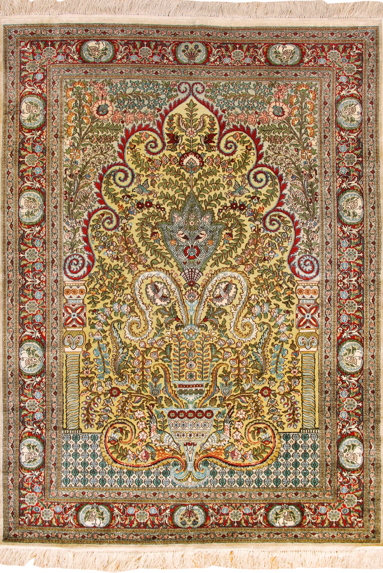 Hereke Medallion Hand Knotted Gold & Silk Rug