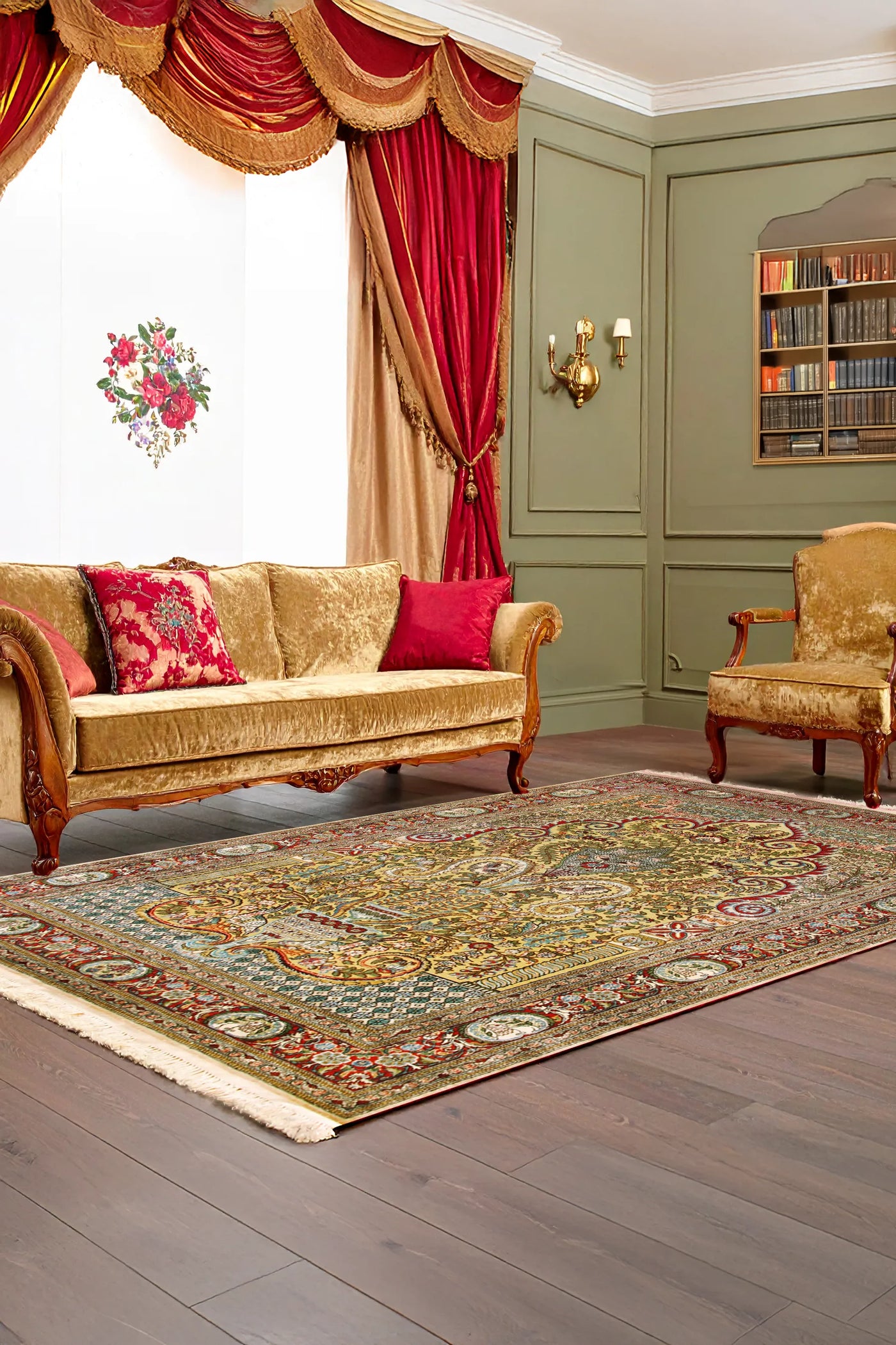 Hereke Medallion Hand Knotted Gold & Silk Rug