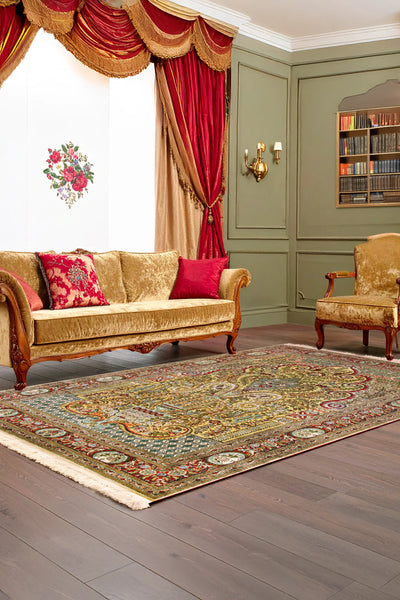 Hereke Medallion Hand Knotted Gold & Silk Rug
