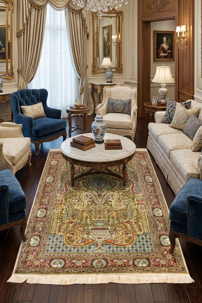 Hereke Medallion Hand Knotted Gold & Silk Rug