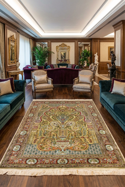 Hereke Medallion Hand Knotted Gold & Silk Rug