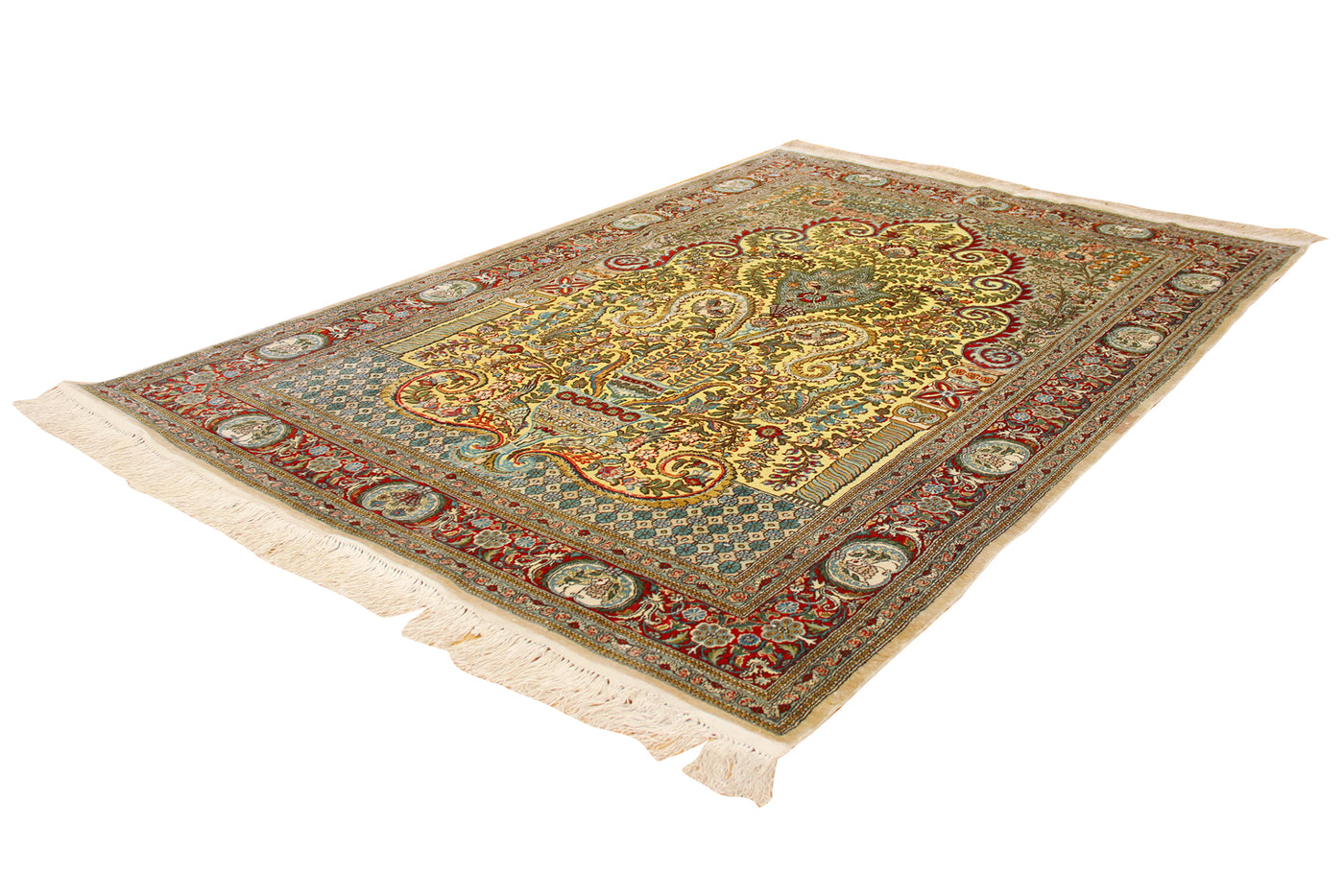 Hereke Medallion Hand Knotted Gold & Silk Rug