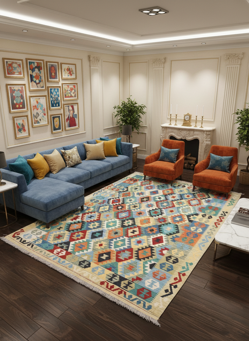 Afghan Kilim Zari Hand Knotted Wool Rug - 305x198 cm