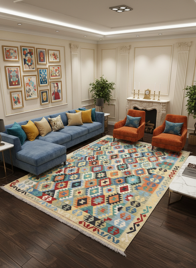 Afghan Kilim Zari Hand Knotted Wool Rug - 305x198 cm