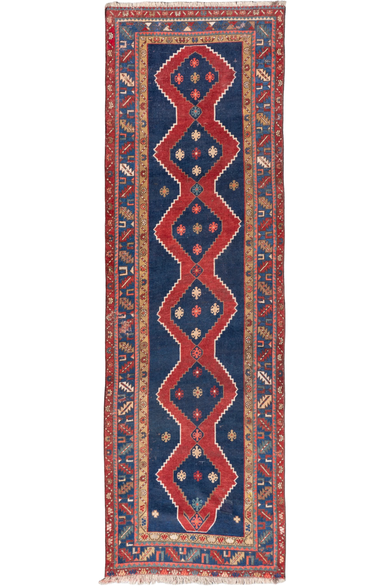 Russian Kazak Antique Wool Hallway Runner Rug – Red & Blue - 330x103cm ...