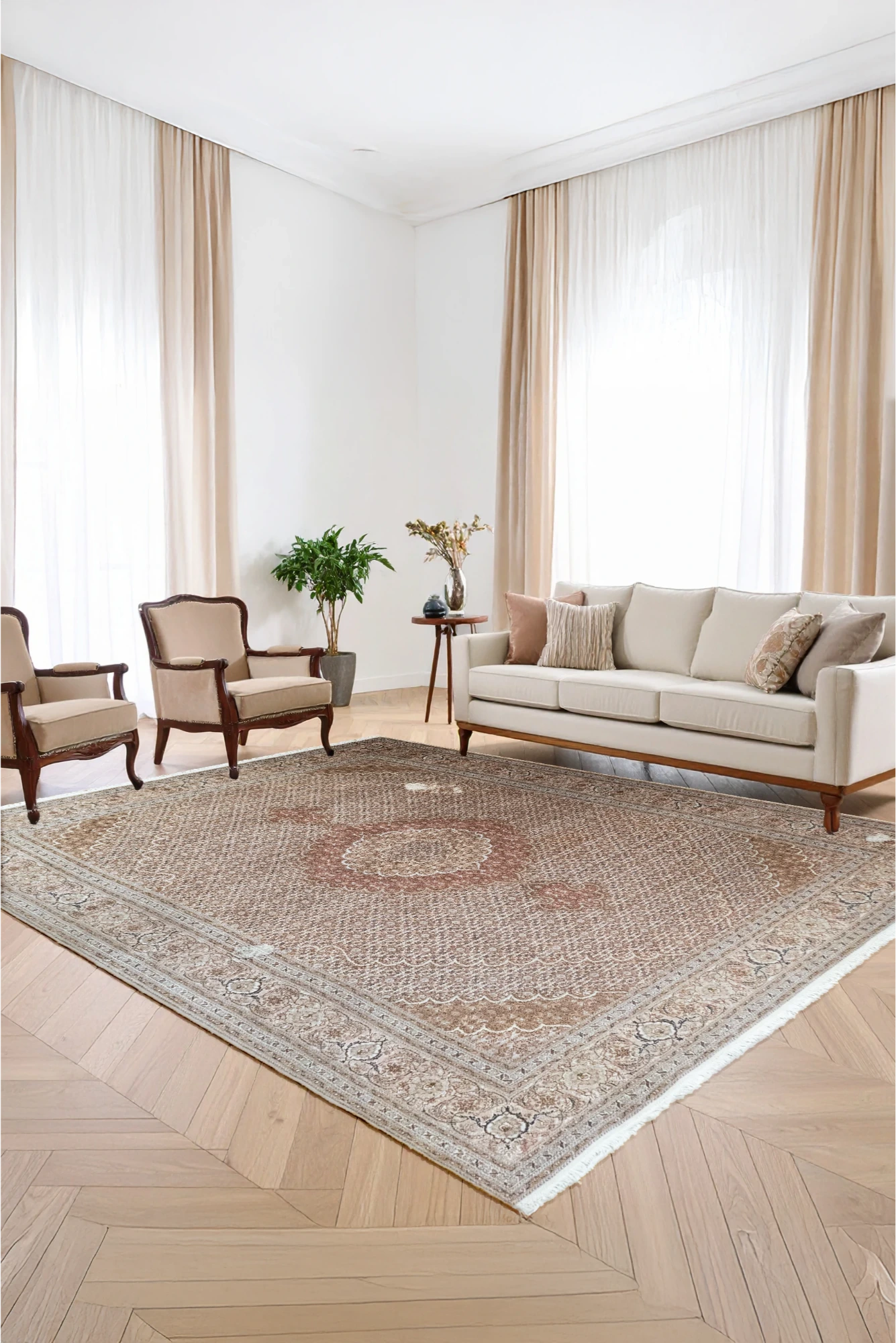 Tabriz Medallion Hand Knotted Wool & Silk Rug - 299x200 cm