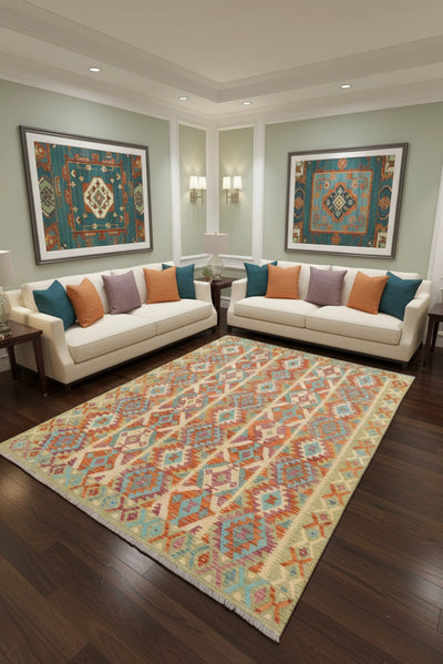 Afghan Kilim Zari Hand Knotted Wool Rug - 296x207 cm