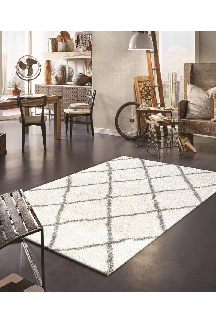 Coco Diamond Pattern Shaggy Rug - 105 White