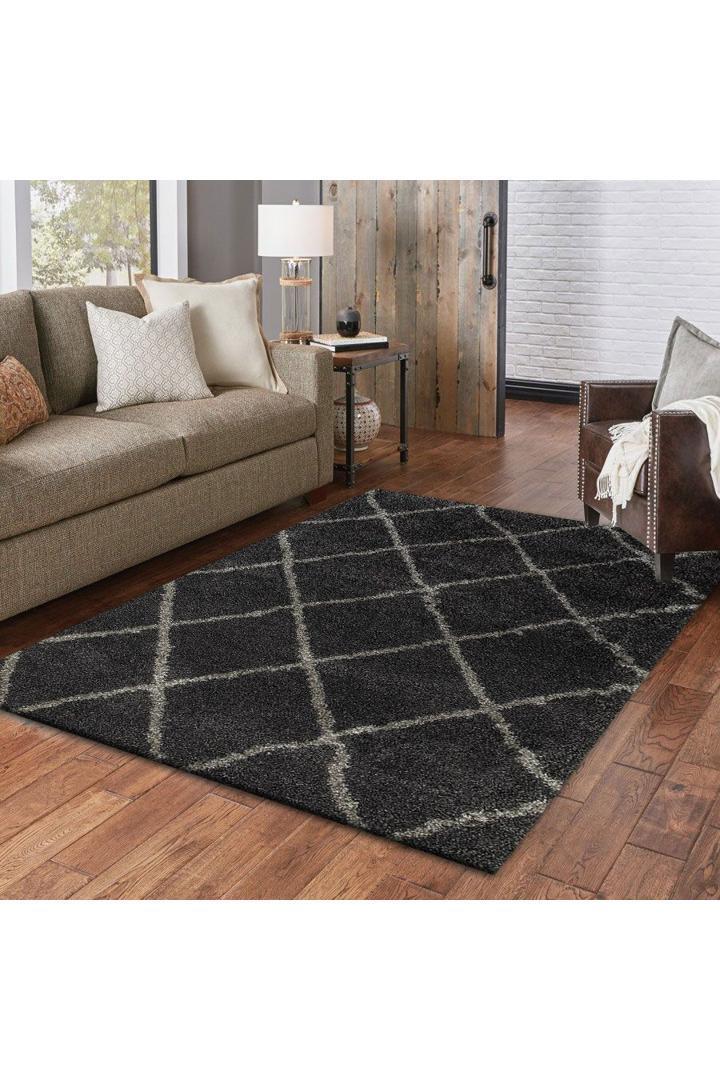 Coco Diamond Pattern Shaggy Rug - 104 Black