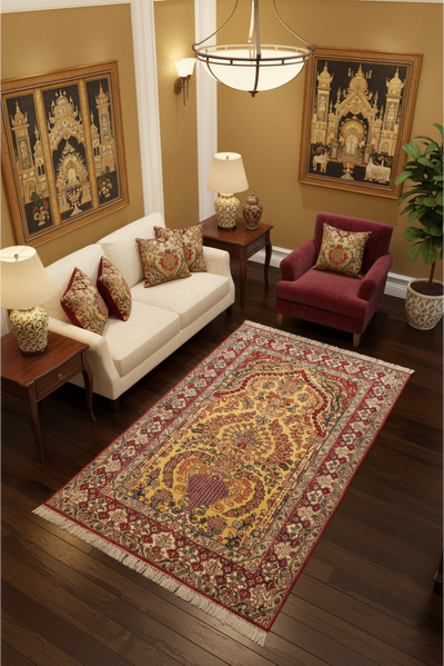 Hereke Prayer Hand Knotted Gold & Silk Rug 162x93 cm