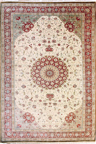 Kum Hand Knotted Medallion Silk Rug - 300x200 cm