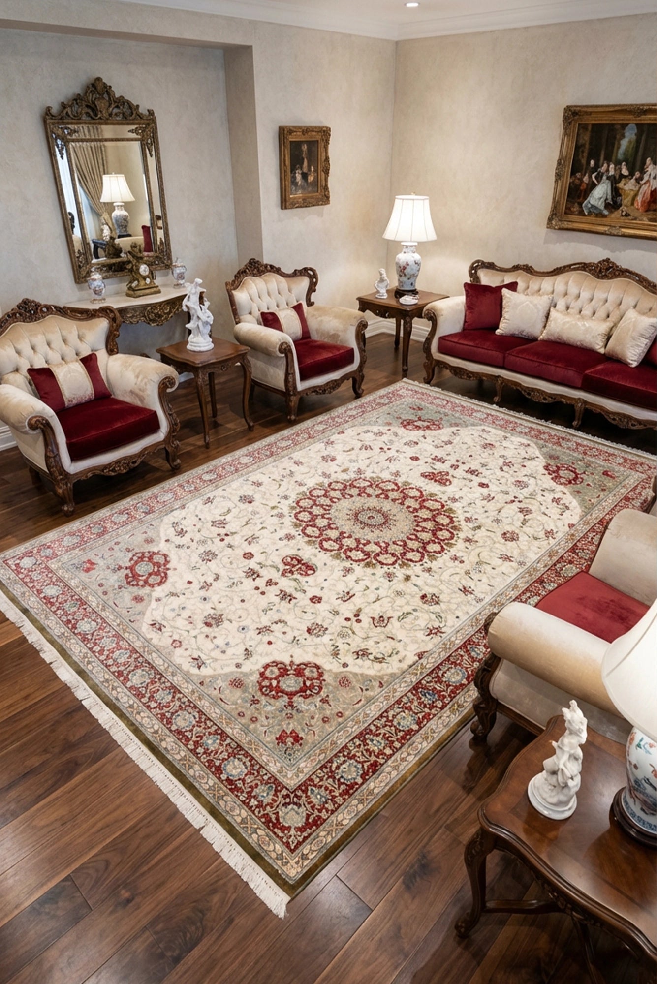 Kum Hand Knotted Medallion Silk Rug - 300x200 cm