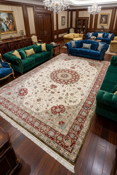 Kum Hand Knotted Medallion Silk Rug - 300x200 cm