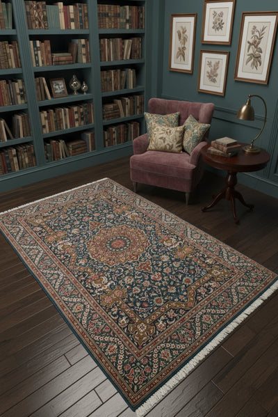 Kum Signed Medallion Hand Knotted Silk Rug