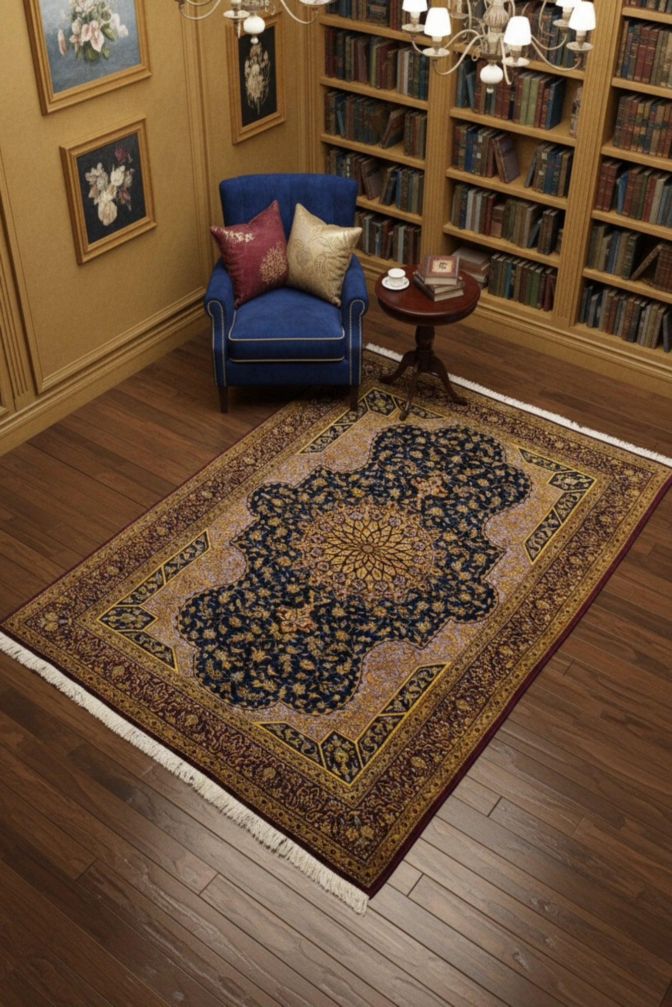 Kum Signed Medallion Hand Knotted Silk Rug