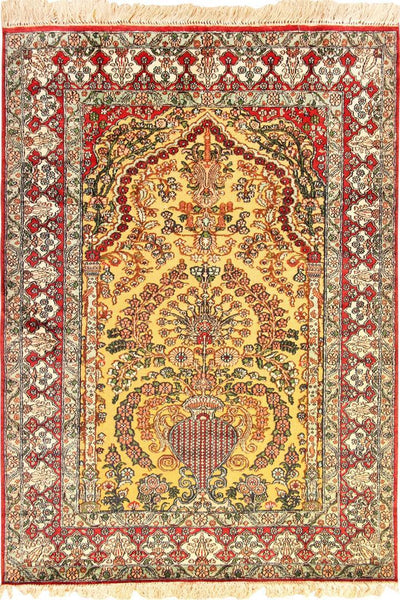 Hereke Prayer Hand Knotted Gold & Silk Rug 162x93 cm