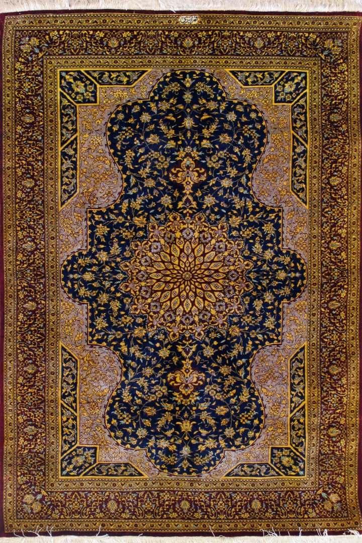 Kum Signed Medallion Hand Knotted Silk Rug